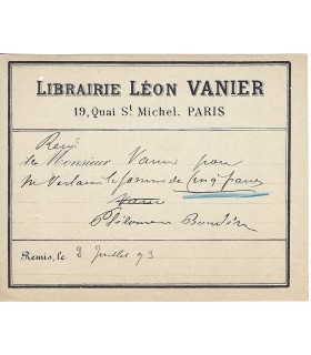 VERLAINE (Paul). BOUDIN (Philomène). Billet signé, 3 juillet 1893 (Réf. G 1949)