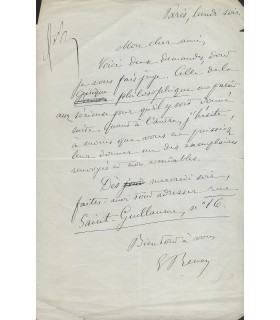 RENAN Ernest, philosophe. Lettre autographe (G 3599)