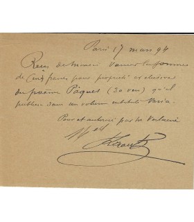 [VERLAINE]. KRANTZ Eugénie, dernière compagne de Verlaine. Reçu signé par Mlle Krantz (G 1943)