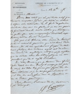 VAPEREAU Gustave, écrivain et encyclopédiste. Lettre autographe (E 10448)