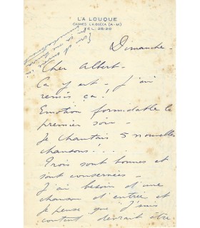 CHEVALIER (Maurice). Chanteur. Lettre autographe (G 329)