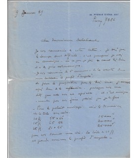 DOMERGUE (Jean-Gabriel). Peintre et graveur. Lettre autographe, 9 janvier 1939 (Réf. G 5343)