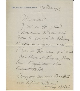 RODIN (Auguste). Sculpteur. Lettre autographe à Louis Barthou, 1904 (G 3732)