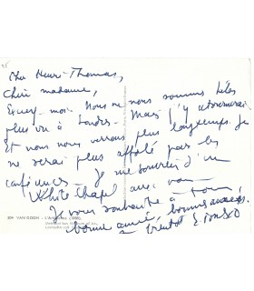 IONESCO Eugène, dramaturge et écrivain. Carte postale autographe (G 5892)