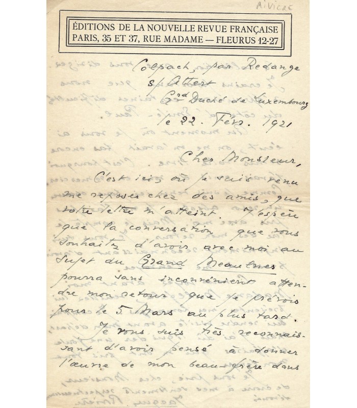 [ALAIN-FOURNIER] RIVIERE Jacques, Homme De Lettres. Lettre Autographe ...