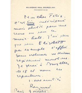 ROULEAU Raymond, acteur et réalisateur belge. Lettre autographe (G 3347)