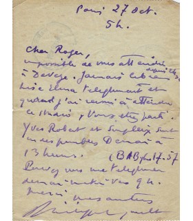 SOUPAULT Philippe. Poète  surréaliste, écrivain, ami d'André Breton. Carte-pneumatique autographe, 27 octobre 1955 (Réf. G 3358)