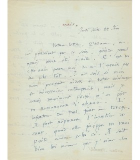 SUARES André. Poète et essayiste. Animateur de la NRF. Lettre autographe à Madame Paul FORT (vers 1944) (Réf. G 4527)