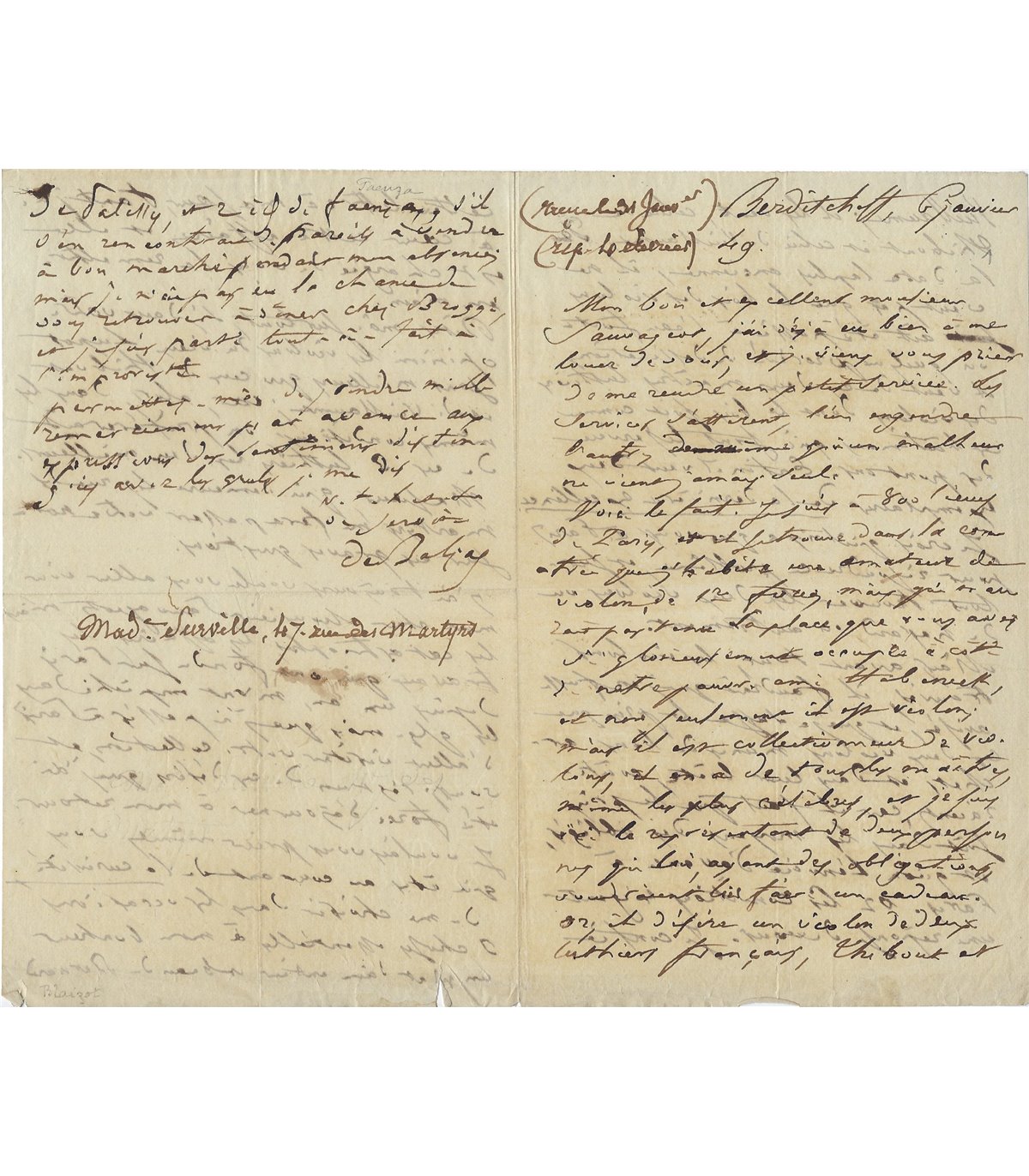 Lettre d'Honoré de Balzac (1799-1850)